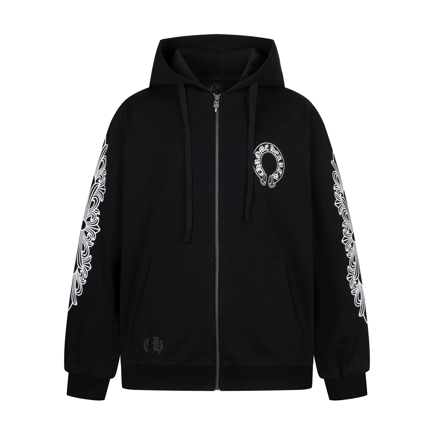 🅿️520 [Exclusive supply] CH Crow Heart Horseshoe Unicorn Arm Hooded Jacket (Black) The original version was purchased and developed for 15,999. The fabric is made of 420g double-ply double yarn pure cotton terry fabric. The texture is thick and soft, comfortable and stylish to wear. The fabric has been specially treated to have good breathability and warmth, making it suitable for all seasons. The jacket adopts the imported machine white ink direct injection process, showing exquisite printing in multiple parts, including the iconic horseshoes, unicorn arms and Sanskrit patterns, and the details are processed to perfection. The whole product is produced on the assembly line of a large factory, with exquisite workmanship and fine and neat stitching. The version is designed in a loose oversize style and can be worn by both men and women, making it an ideal choice for couples. The zipper closure makes it easy to put on and take off, and the hooded style adds a casual feel. This jacket has been strictly controlled from fabric selection to production process, making it extremely valuable for both daily wear and collection. Size:S-M-L